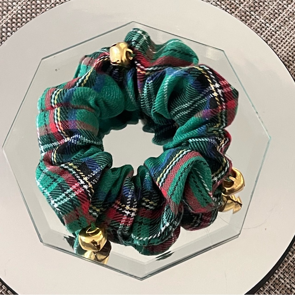 Holiday Hair Accessory Tartan Green Hair Scrunchie with Gold Bells Christmas